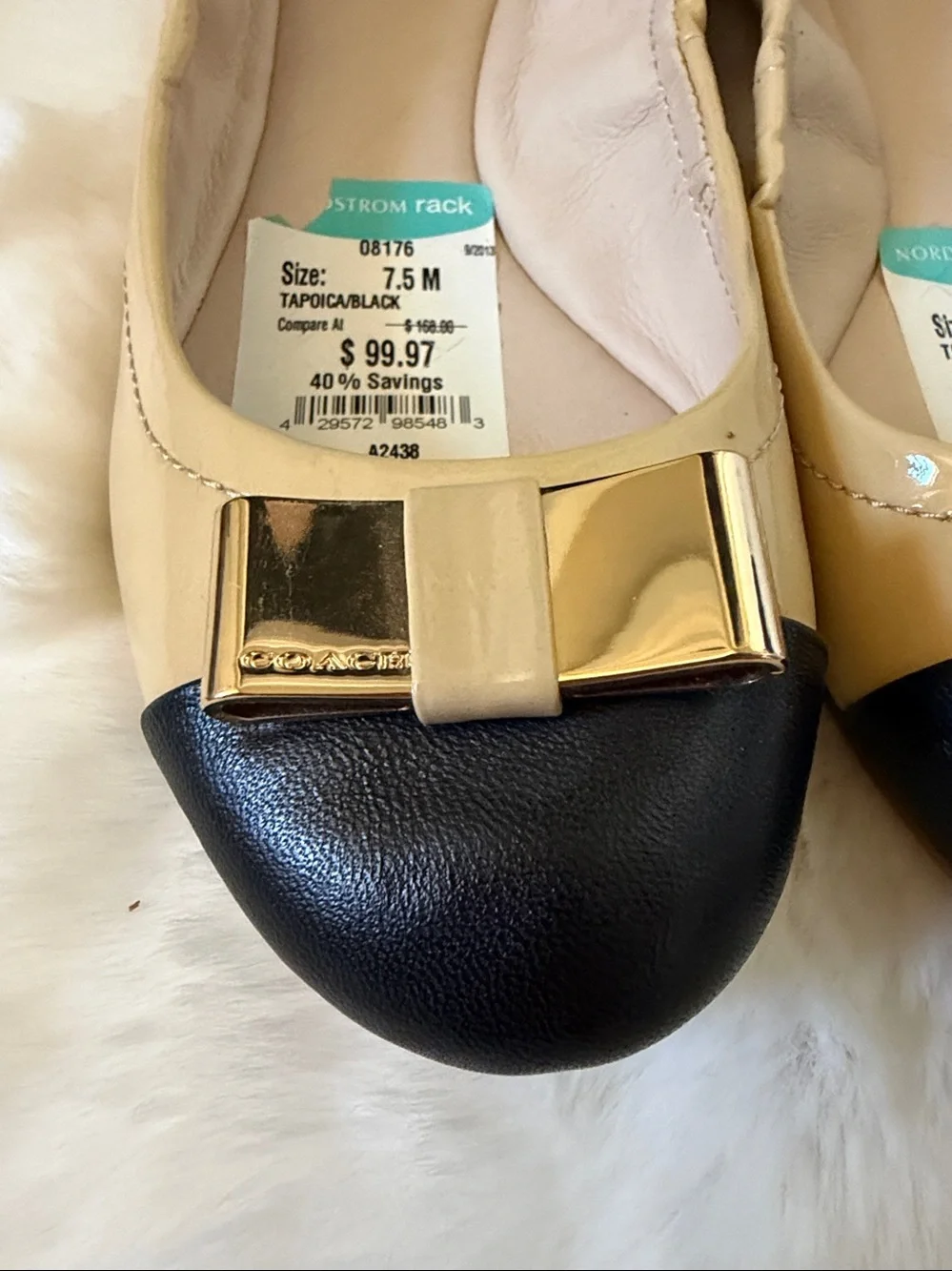 Coach Two-Tone Patent Leather Ballet Flats in Beige and Black with Gold Bow